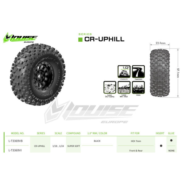 Louise RC - CR-UPHILL - 1-18/1-24 Crawler Tire Set - Mounted - Super Soft - Black 1.0 Wheels - Hex 7mm - L-T3369VB
