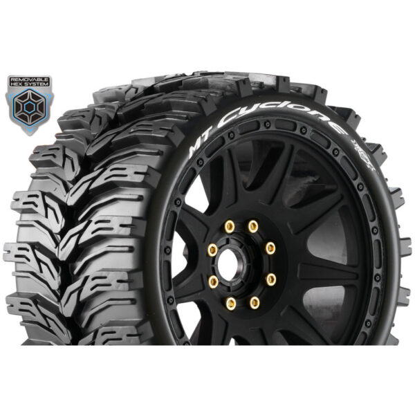 Louise RC - MFT - MT-CYCLONE speed - 1-8 Monster Truck Tire Set - Mounted - Soft - Black Wheels - Removable 1-8 MT HEX 1