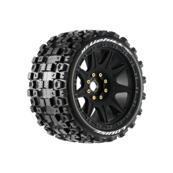 Louise RC - MFT - MT-UPHILL speed - 1-8 Monster Truck Tire Set - Mounted - Soft - Black Wheels - Removable 1-8 MT HEX 17